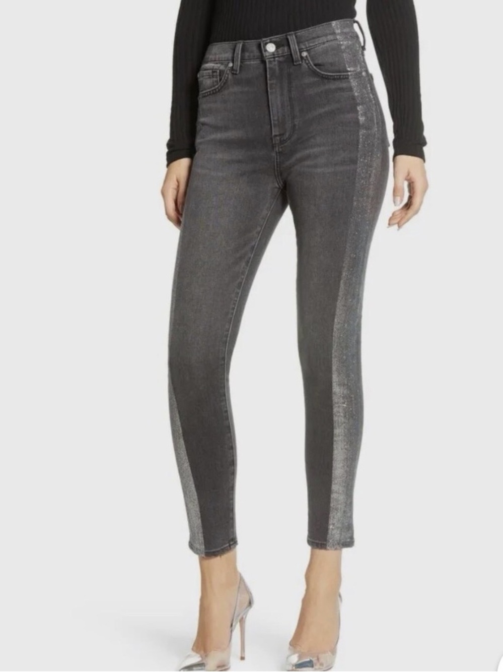 7 for All Man Kind Black Jeans with Silver Glitter Stripe